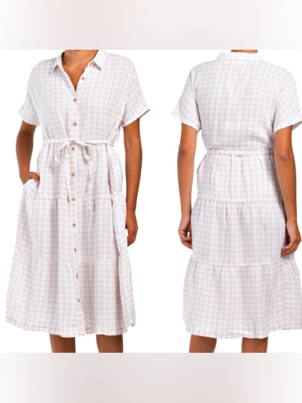 Cottagecore Peasant Boho Cynthia Rowley Linen Midi Tiered Gingham Shirtdress M
